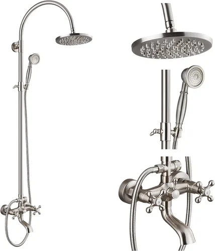 Miniatura 13 de gotonovo Grifo de ducha de baño expuesto, sistema de ducha montado en la pared, cabezal de ducha de 8 pulgadas y boquilla de bañera, asas cruzadas