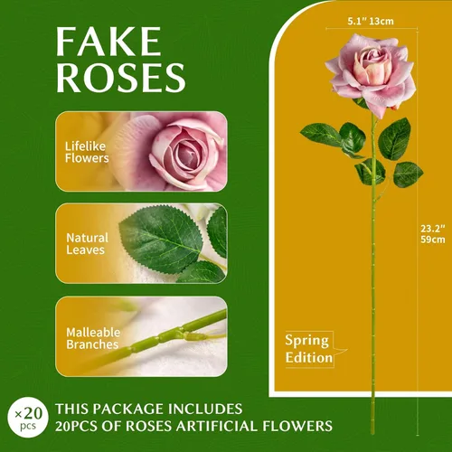 Miniatura 2 de Flores artificiales, rosas artificiales, rosas falsas de 23.2 pulgadas de tallo largo, flores artificiales para jarrón alto, rosa de seda, adecuadas