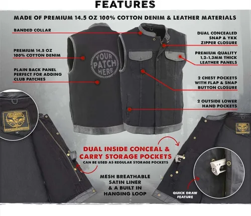 Miniatura 2 de Milwaukee Leather MDM3010 - Chaleco de motociclista estilo club de mezclilla negra para hombre con ribete de cuero y cremallera oculta