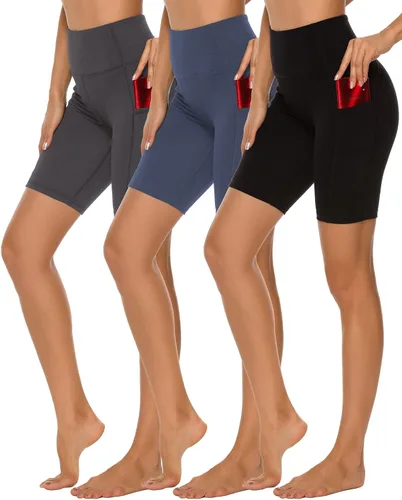 Stelle Pantalones cortos de yoga de cintura alta de 8 a 5 pulgadas para mujer, con bolsillos, control de abdomen, pantalones cortos de entrenamiento