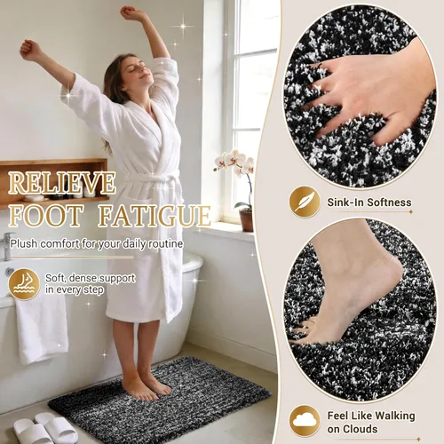 Miniatura 2 de Yimobra Alfombras de baño en negro y blanco antideslizantes lavables, tapetes de baño ultra suaves y absorbentes de agua, alfombra de ducha suave