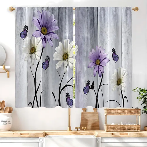 Miniatura 27 de Cortinas de cocina vintage retro de madera, con bolsillo para cortinero, 27.5 pulgadas de ancho x 39 pulgadas de largo, 2 paneles de flores blancas