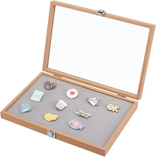 OLYCRAFT Vitrina de madera de 9.4 x 13.7 x 2 pulgadas, vitrinas para insignias, almacenamiento de insignias, broche, con ventana transparente e
