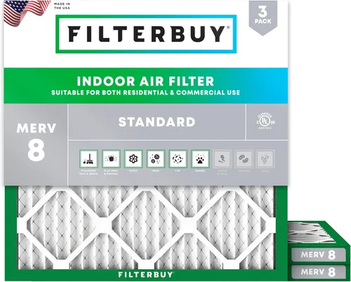 Filterbuy - Filtro de aire de 23.5x23.5x1 pulgadas MERV 8 Defensa esencial contra el polvo y las alergias (paquete de 3), filtros plisados
