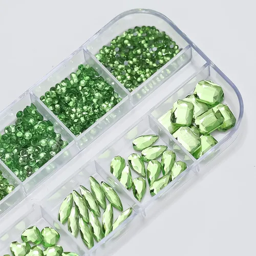 Miniatura 3 de Diamantes de imitación verdes para uñas, gemas de diamantes de imitación de cristal 3D, diamantes de imitación de parte trasera plana, varios