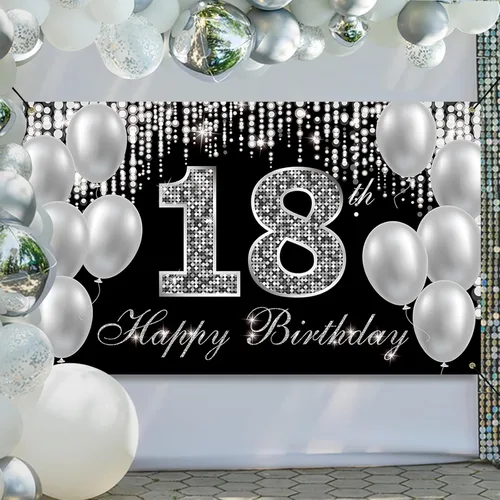 Miniatura 6 de Cartel de fondo de 18 cumpleaños, decoraciones de feliz cumpleaños 18 para niños y niñas, negro y plateado para fiesta de cumpleaños de 18 años