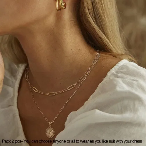 Miniatura 2 de Gargantilla en capas para mujer, chapada en oro de 14 quilates, cadena fina de eslabones, collar sencillo, ajustable, con dije de moneda con letra