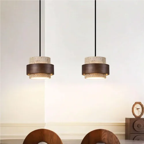 Miniatura 3 de Retro Solid Wood Hanging Lamp Nordic Cylinder Yellow Travertine Chandeliers Modern Small Bedroom Bedside Pendant Lights for Living Room Study