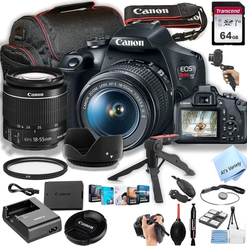 Canon Cámara DSLR EOS Rebel T7 con EF-S 0.709-2.165 in F/3.5-5.6 is II lente de zoom + memoria de 64 GB, funda, trípode Gripster y más (paquete de