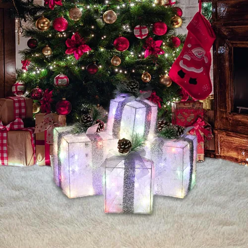Miniatura 6 de COVFEVER Cajas de Regalo Iluminadas de Navidad, Juego de 4 Cajas de Regalo con Luces Preinstaladas, Juego de Cajas de Regalo Iluminadas que