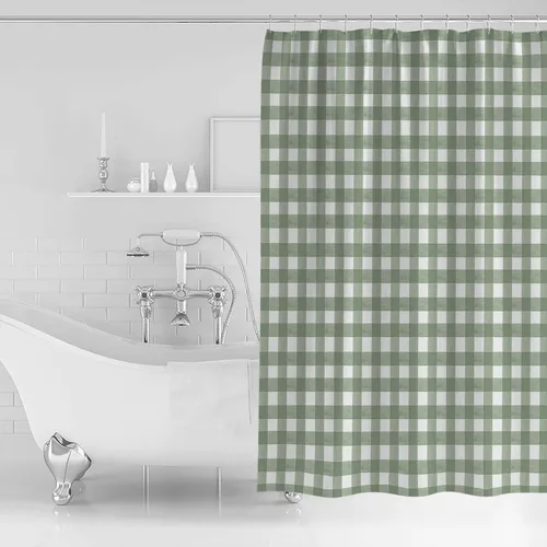Miniatura 3 de Juego de cortinas de ducha a cuadros verde salvia, tamaño pequeño, 36 x 72 pulgadas, cortina lavable para bañera con 12 ganchos, cortinas de ducha