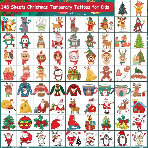 Miniatura 2 de CHARLENT 148 tatuajes temporales de Navidad para niños, tatuajes individuales de Navidad para niños, recuerdos de fiesta de Navidad, relleno