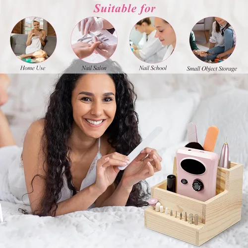 Miniatura 6 de Soporte para brocas de uñas, 10 agujeros de madera, caja de almacenamiento de exhibición, organizador de brocas para uso doméstico o salón de uñas
