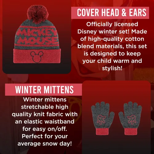 Miniatura 2 de Mickey Mouse - Juego de 2 piezas de sombrero y guantes de nieve para niños y niños, gorro cálido con pompones y bonitos guantes rojos