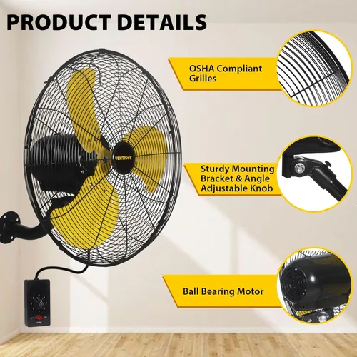 Miniatura 7 de VENTISOL Ventilador de pared de 20 pulgadas con oscilación, ventilador de pared industrial de alta velocidad para interior, comercial, residencial