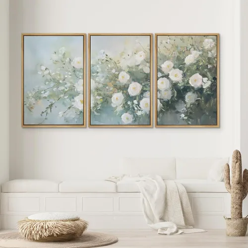 SIGNWIN Impresión en Lienzo Enmarcado Arte de Pared Rosa Blanca Suave Floral Flores Delicadas en Floración Ilustraciones Modernas Bohemias Escénicas