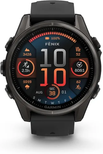 Miniatura 2 de Garmin Fenix 8 AMOLED Sapphire Premium Multisport GPS Smartwatch Gris Carbono DLC Titanio con Banda de Silicona Gris Negro Gris, Linterna LED