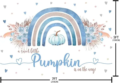 Miniatura 5 de Sendy Telón de fondo bohemio de calabaza azul de 7 x 5 pies para baby shower, otoño, A Little Pumpkin Boy is on The Way, suministros de decoración