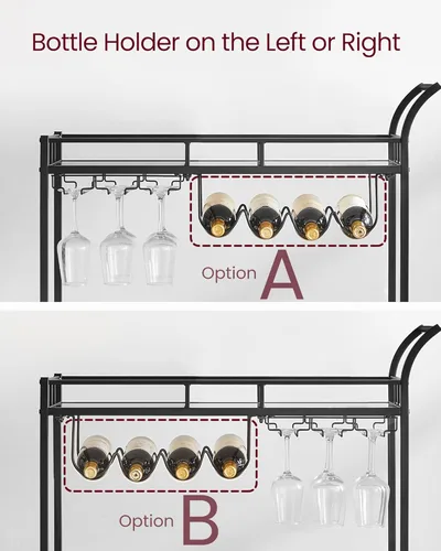 Miniatura 9 de VASAGLE Carrito de bar negro, carrito de servicio para bar en casa, carrito de vino con 2 estantes espejados, soportes para vino, soportes