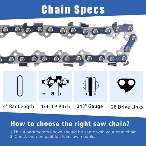 Miniatura 2 de Paquete de 5 cadenas de motosierra de 4 pulgadas, paso de 1/4" LP, calibre.043", 28 eslabones de transmisión, compatibles con STIHL GTA26, STIHL