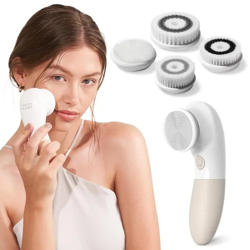 Vanity Planet Raedia Cepillo de limpieza facial – Cepillo eléctrico de limpieza facial con 4 cabezales de cepillo exfoliantes – Impermeable, de Gris