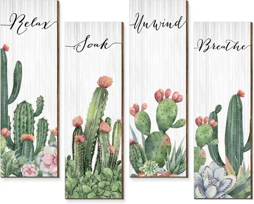 Amyhill 4 piezas de decoración de pared de cactus Relax Soak Unwind Breathe - Decoración de pared de cactus de madera para colgar en la pared del