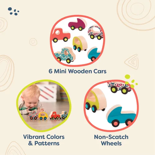 Miniatura 3 de B. toys Juego de autos de juguete de madera con 6 vehículos coloridos para niños y niños pequeños - Camiones duraderos - Fácil - Juguetes para niños