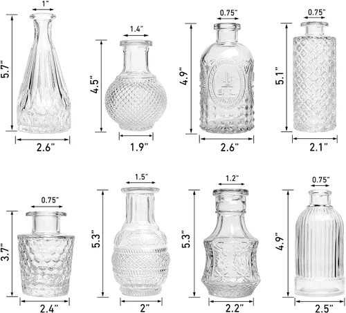 Miniatura 5 de Juego de 8 jarrones de cristal, pequeños jarrones para flores, mini jarrones a granel, jarrones vintage transparentes para centros de mesa, modernos