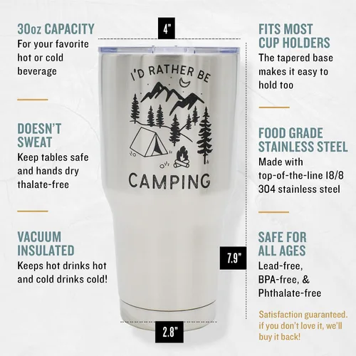 Miniatura 2 de Divertido regalo de campamento para hombres al aire libre, vaso aislado de acero inoxidable con tapa, (30 onzas) – Taza para viajes de caravana, día