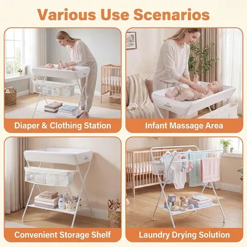 Miniatura 8 de HONEY JOY Cambiador, organizador plegable para guardería con estante abierto y cinturón de seguridad, estación de cambio de pañales portátil