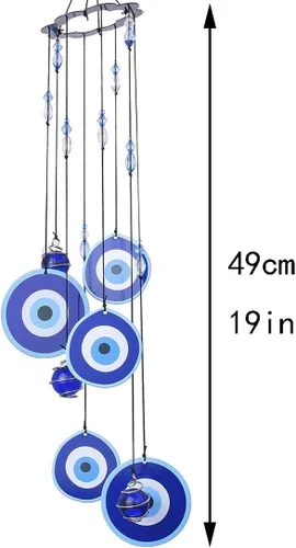 Miniatura 3 de YU FENG Carillón de viento con ojo maligno azul para exteriores, adorno colgante de 19" de metal, campanillas de viento para jardín al aire libre