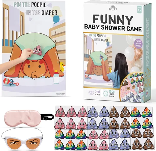 Pin the Poopie on the Diaper Boy Baby Shower Game - Divertido juego de baby shower con divertidas calcomanías vibrantes de Poopie - Para revelación