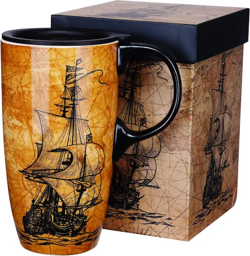 Topadorn Taza de Viaje de Cerámica con Tapa y Asa - Taza de Café de Cerámica de 17 Oz Taza de Té Latte con Caja de Color, Tapa Resistente a VELERO
