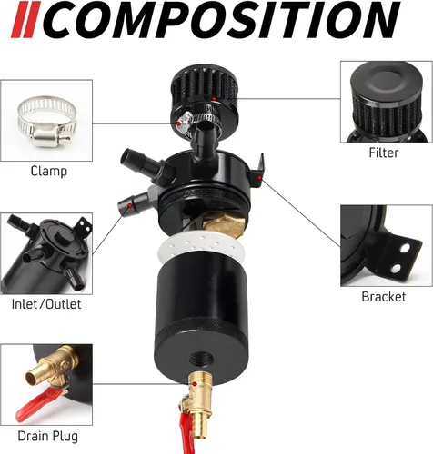 Miniatura 4 de Kit universal de tanque de reserva de aceite para coche de 150ml, compacto deflector de 3 puertos separador de aceite 2 entradas 1 salida negro