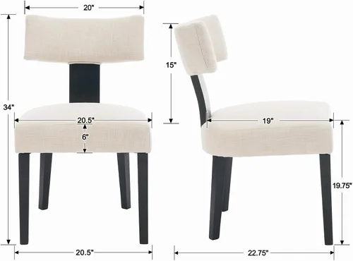 Miniatura 2 de Juego de 2 sillas de comedor de madera negra, sillas tapizadas de lino beige para cocina y comedor con respaldo medio, sillas laterales modernas