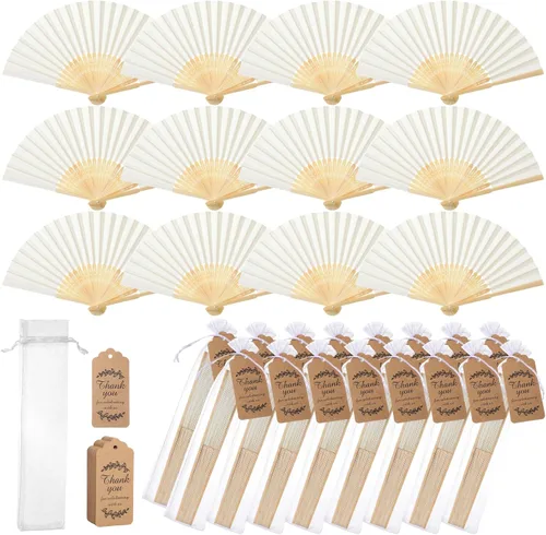 Roowest Paquete de 50 abanicos plegables de papel hechos a mano con bolsas de regalo, tarjeta de agradecimiento, ventilador plegable de mano de Beige