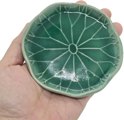 Miniatura 3 de Bandeja pequeña en forma de hoja de loto verde oscuro de 4 pulgadas, hecho a mano, plato decorativo de porcelana de cerámica, recipiente