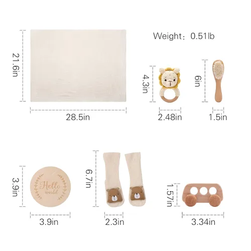 Miniatura 6 de Cesta de regalo para bebé recién nacido, regalos de ducha para bebés niños y niñas con sonajero de león de madera, juego de baño básico de 6 piezas