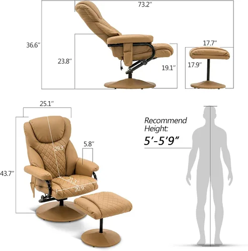 Miniatura 3 de Mcombo Sillón reclinable con otomano, silla reclinable con masaje, silla giratoria de 360 grados para sala de estar de piel sintética, 4901 (Cognac)