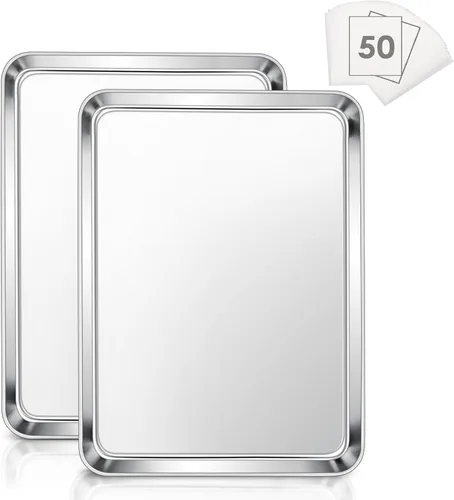 Miniatura 8 de E-far - Juego de 2 bandejas pequeñas para hornear, horno tostador de acero inoxidable de 9.4 x 7.3 pulgadas con 50 papeles pergaminos, mini bandeja