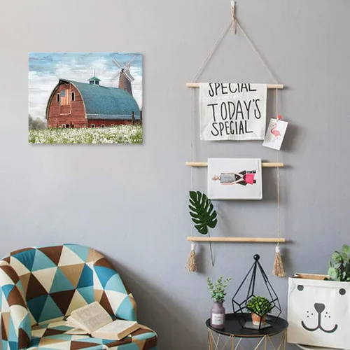 Miniatura 5 de Woxfcart Lienzo rústico de granero rojo para pared, obra de arte de granja con bandera estadounidense y molino de viento para decoración de pared
