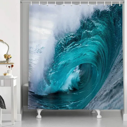 NYMB Cortina de ducha de agua de mar, tela de poliéster, náutica de verano, tropical, olas sobre un azul y blanco ventoso, decoraciones de baño de