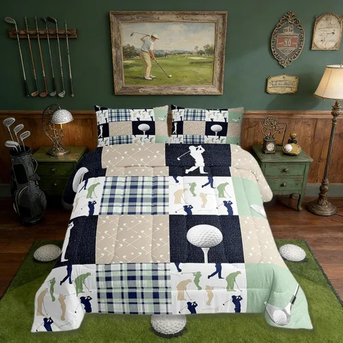Castle Fairy Juego de edredón de tamaño matrimonial a cuadros de golf, estilo amante de los deportes de pelota, ropa de cama de colección para