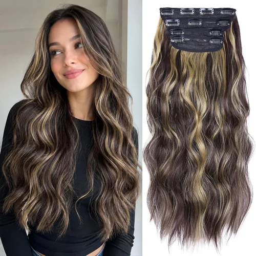 Miniatura 15 de 4 extensiones de cabello sintético con clip, extensiones de cabello rizado de 20 pulgadas de largo con clip (color: marrón medio)