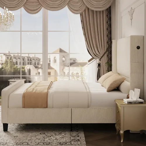 Miniatura 7 de Marco de Cama Tamaño King y Cabecero, Marco de Cama King Tapizada con Cabecero Alto Tipo Wingback y Piecera, Puertos USB, Fácil Montaje, Beige
