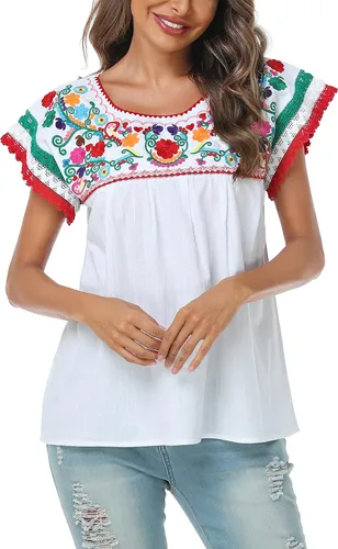 Miniatura 5 de YZXDORWJ Blusa tradicional colorida con encaje bordado mexicano para mujer, camiseta tricolor para el día de la independencia mexicana
