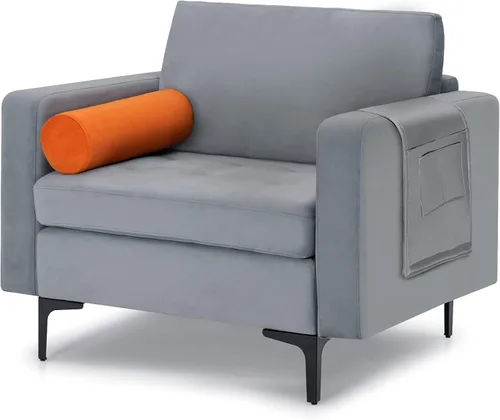 Miniatura 26 de Giantex Sofá individual, silla decorativa, sillón con cojín cómodo, bolsillos para revistas, sala de estar, silla de ocio tapizada para dormitorio
