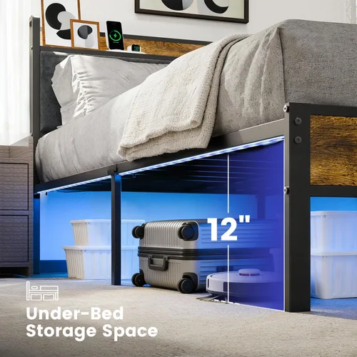 Miniatura 5 de PROTEA Base de cama de tamaño individual con luces LED y estación de carga, cabecera tapizada con almacenamiento, plataforma resistente con listones