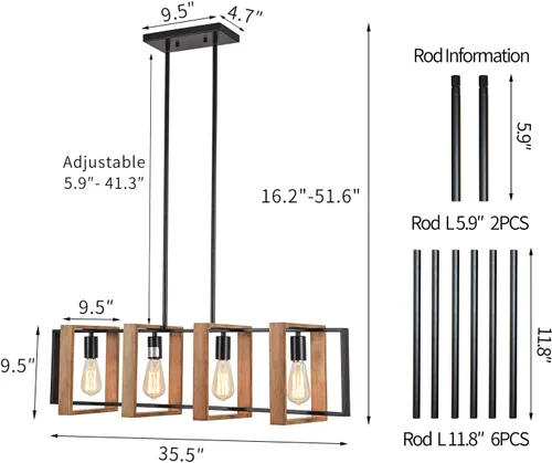 Miniatura 2 de Lámpara colgante de comedor de granja, para isla de cocina, rústica, 4 luces, madera y metal negro, lámpara rectangular para colgar en el techo