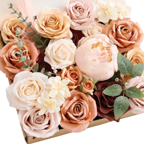 Miniatura 22 de Ling's moment Caja de Flores Falsas, Tallos de Vegetación Artificial Falsa Rosas de Espuma Dalia Hortensia de Seda Peonía Flor de Tela para Centros